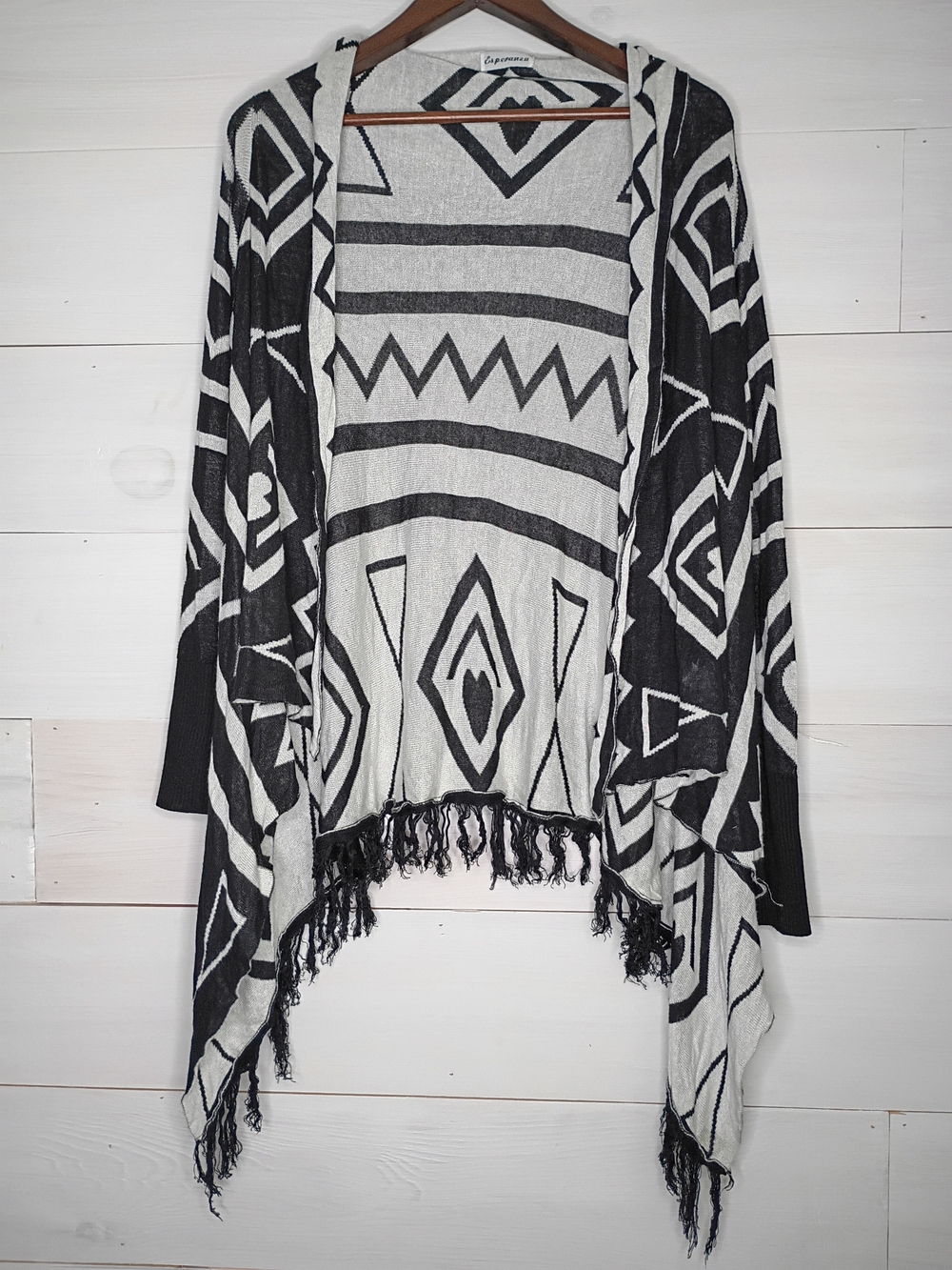 Esperanza Women's Black White Geometric Open Front Cardigan Fringe Aztec Boho S